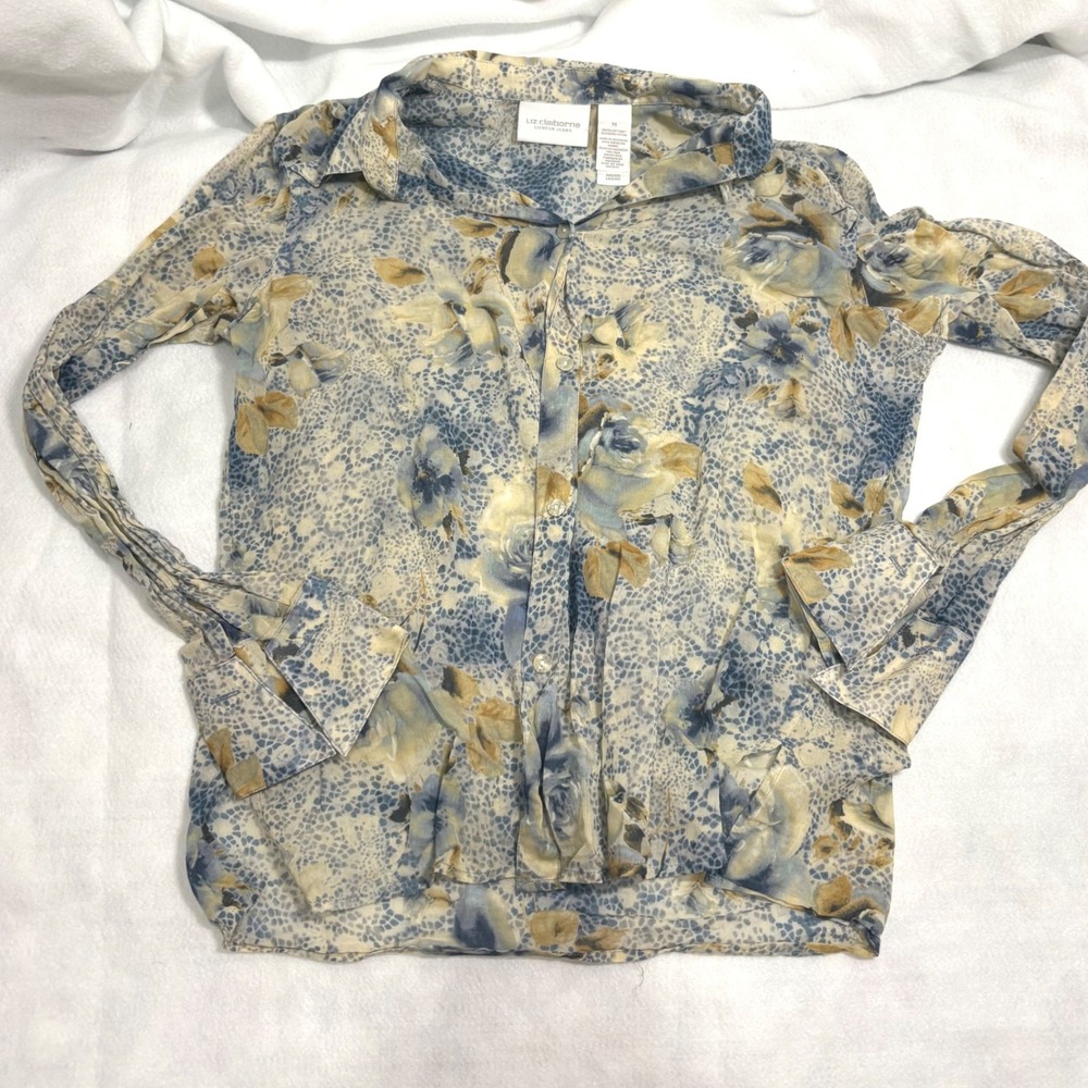 Liz Claiborne Lizwear Jeans Floral Snakeskin Print Button Down Shirt Blue M